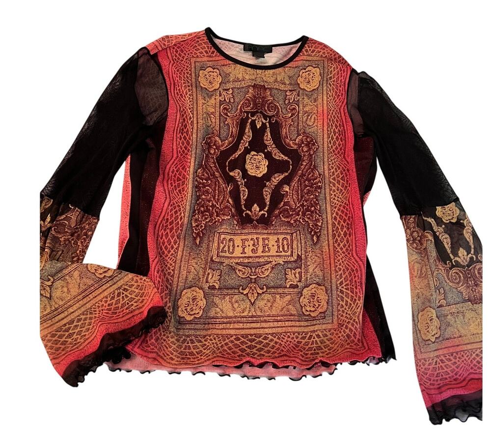 Vintage Y2K ANAC mesh top baroque print sheer bell sleeve fairy romantic gothic